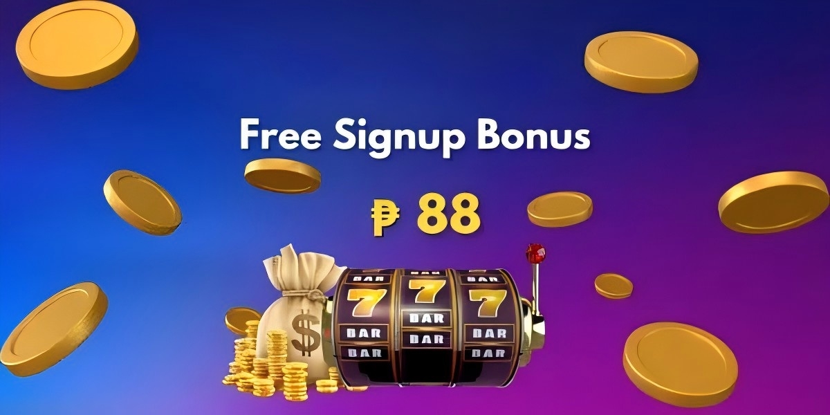 Free signup bonus banner with gold coins, a money bag and a triple-seven slot machine